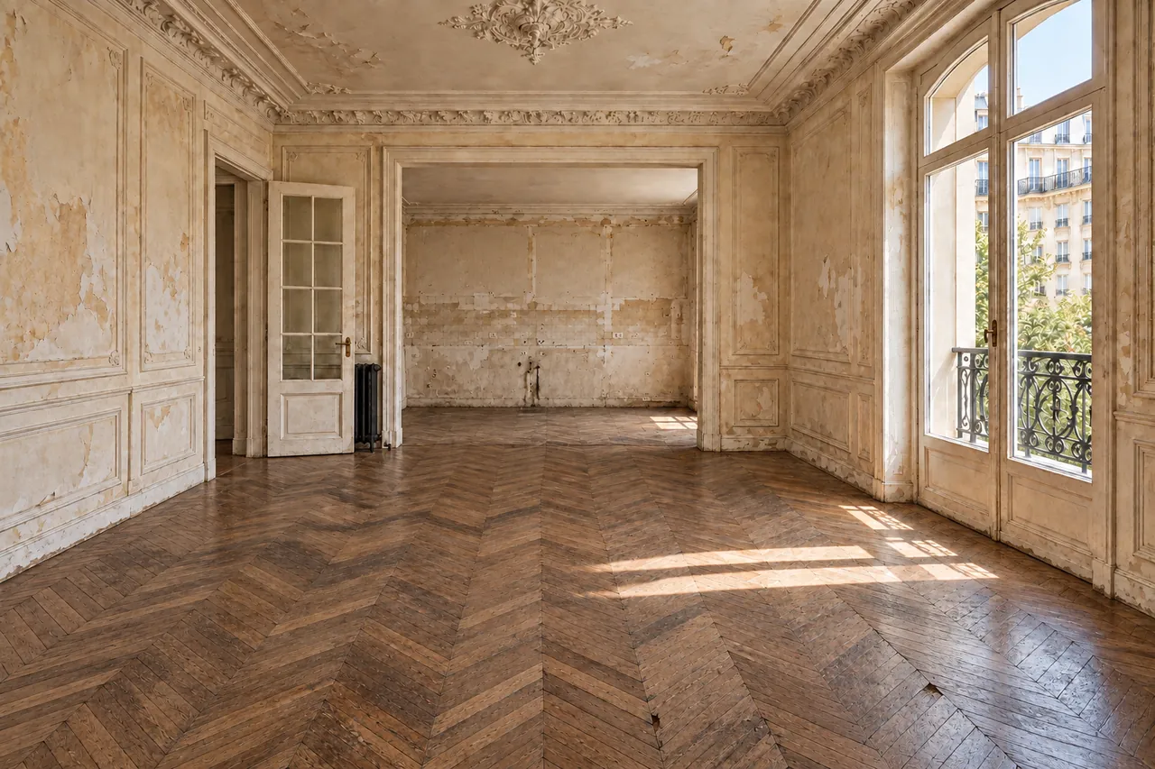 Simulation avant rénovation du même appartement : appartement vide sans cuisine, parquet abîmé et murs écaillés