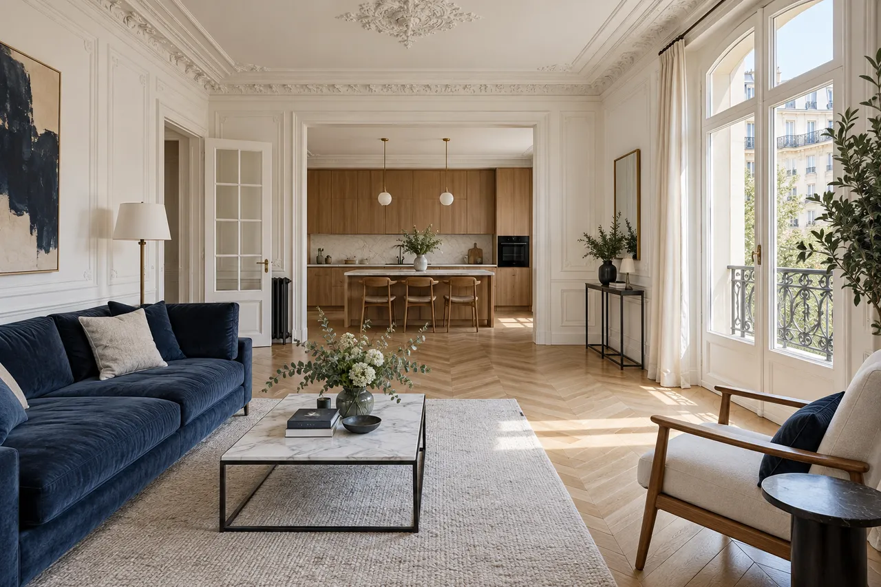 Simulation après rénovation : séjour lumineux, parquet restauré et cuisine ouverte