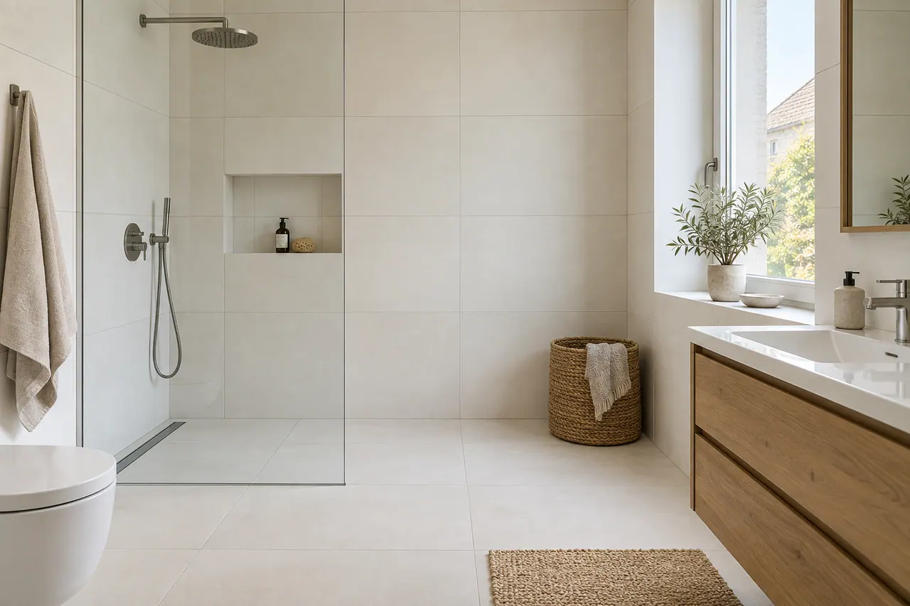 Illustration : carrelage céramique blanc chaud avec joints réguliers dans une salle de bain.