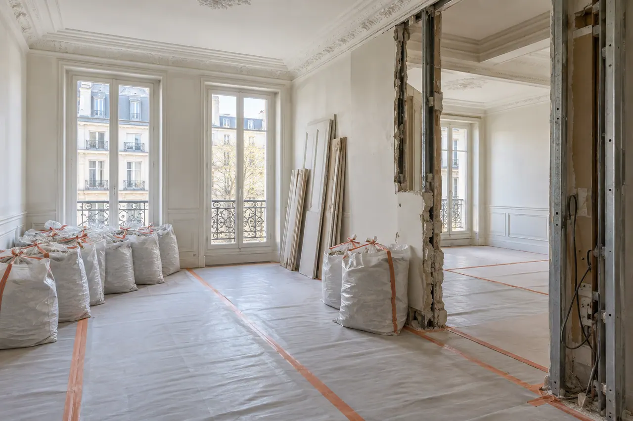 Illustration : appartement pendant une dépose intérieure sélective, sol protégé et gravats rangés.