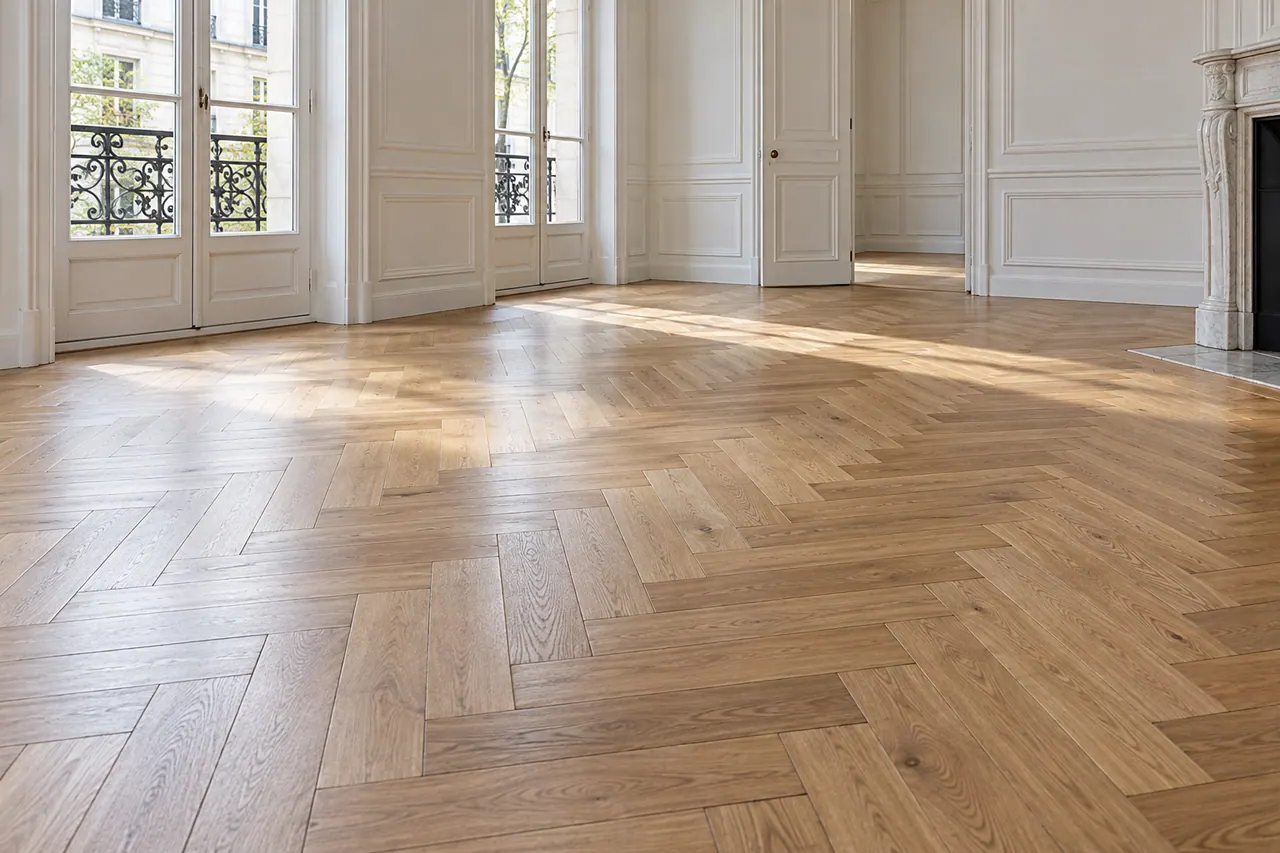 Illustration : détail de parquet en chêne à chevrons restauré.
