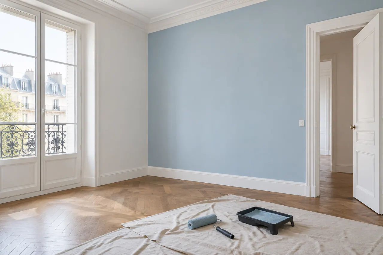 Illustration : pièce parisienne fraîchement peinte en blanc et bleu doux.