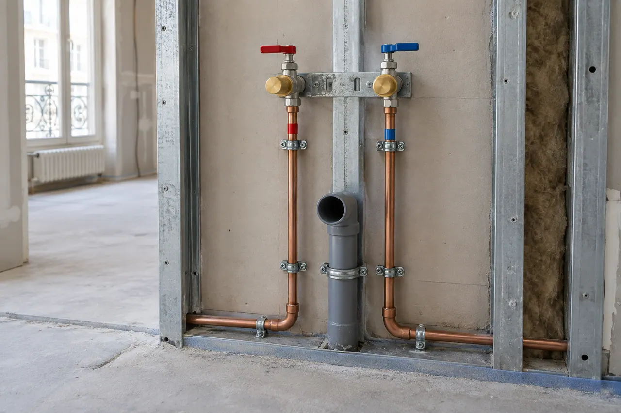 Illustration : arrivées d’eau soignées avec tubes en cuivre et vannes d’arrêt.