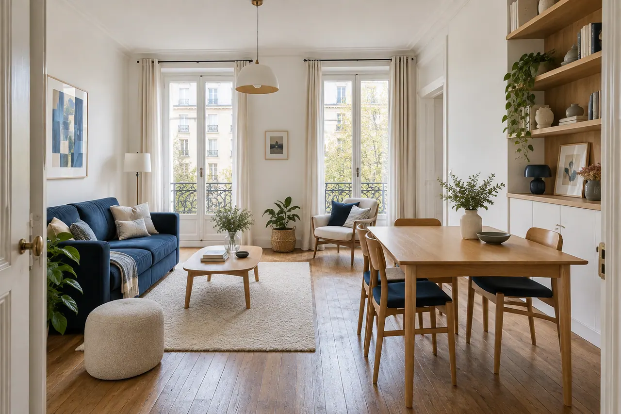 Illustration d’un salon et d’un coin repas rénovés avec parquet ancien et rangements contemporains.