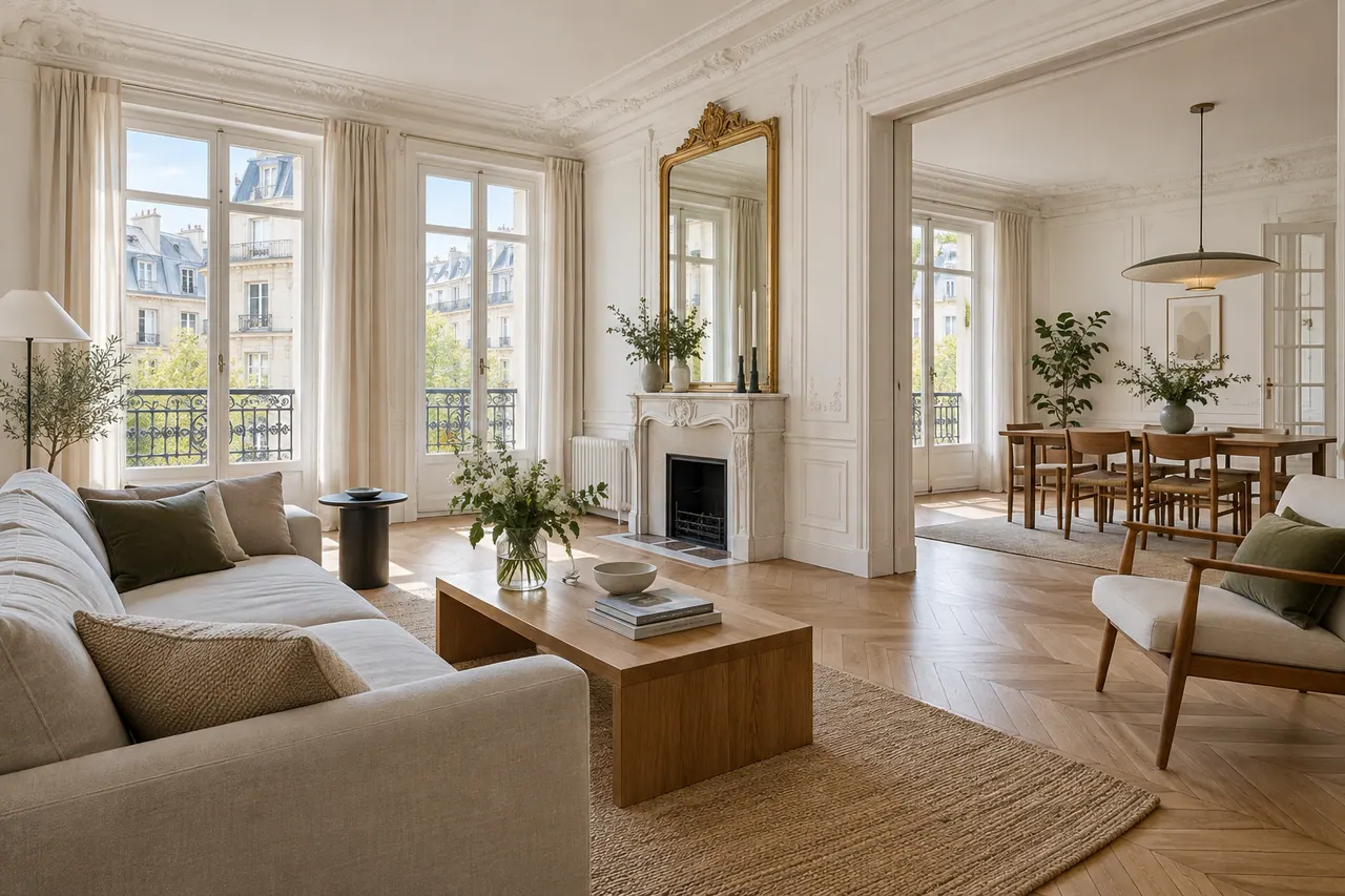 Illustration : appartement parisien lumineux rénové, parquet en chêne et moulures blanches.