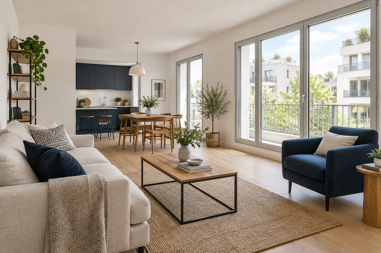 Illustration d’un appartement contemporain lumineux avec de grandes fenêtres et des finitions sobres.