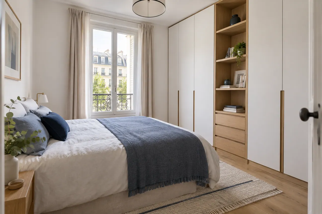 Illustration d’une chambre calme avec dressing intégré, bois clair et textiles bleu doux.
