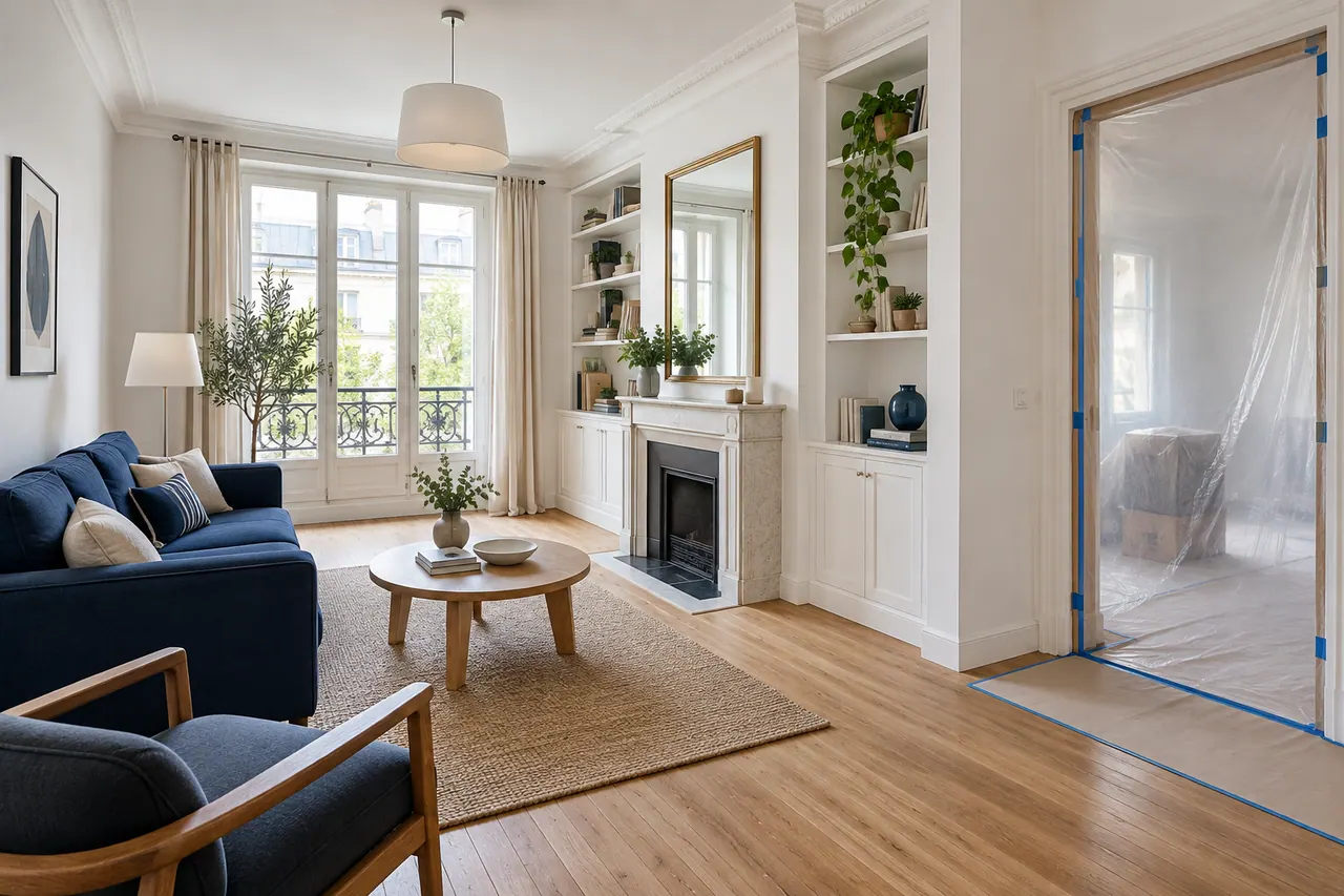 Illustration d’une rénovation par étapes avec un séjour propre et une porte voisine protégée.