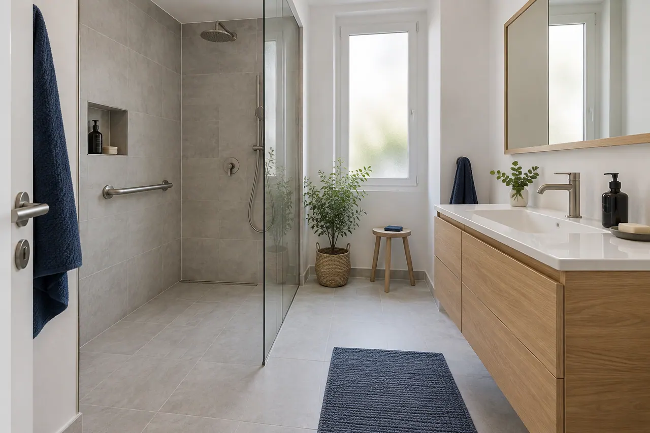 Illustration d’une salle de bains confortable avec douche de plain-pied, passage dégagé et meuble en chêne.