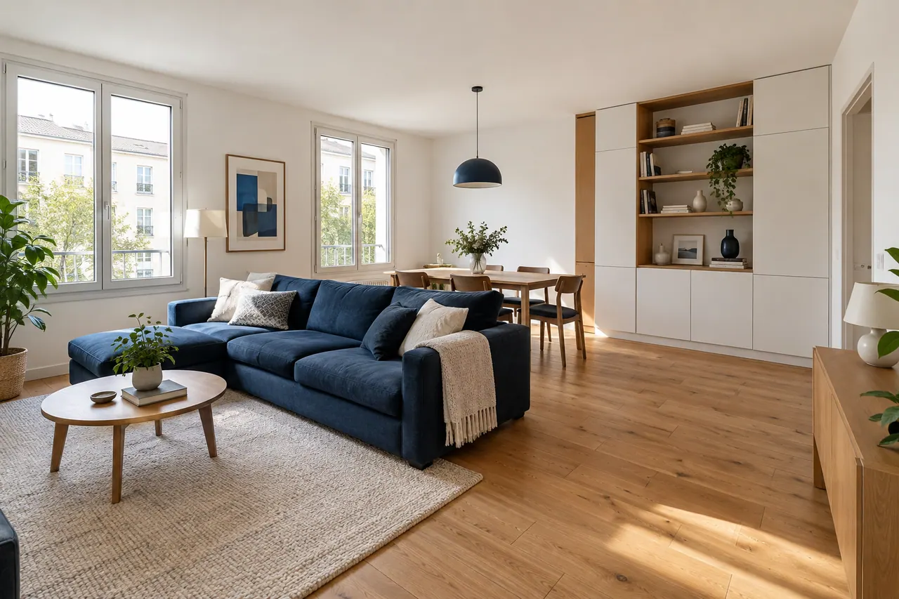Illustration d’un appartement familial contemporain avec rangements intégrés et fenêtres simples.