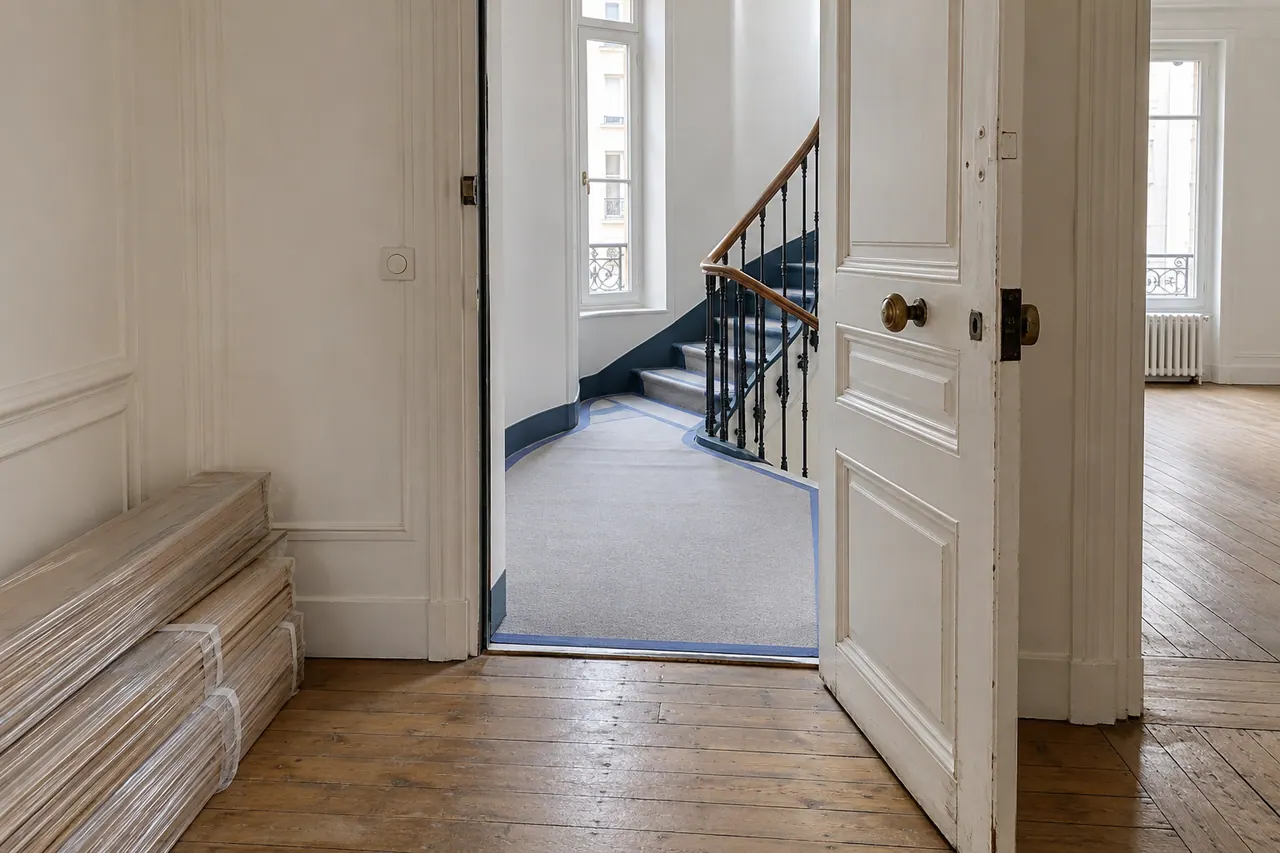 Illustration d’une entrée d’appartement ancien préparée pour les travaux, avec palier protégé et accès dégagé.