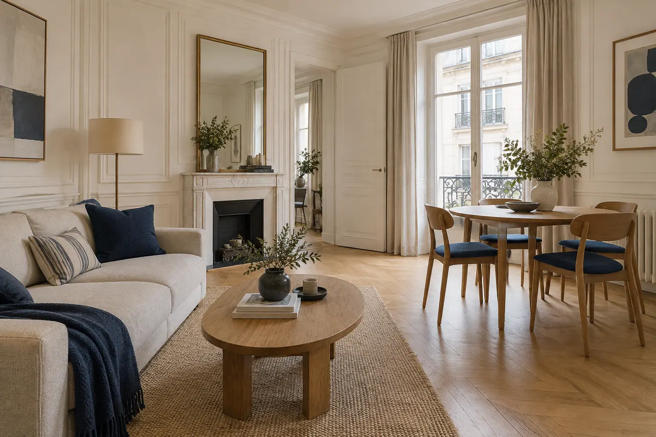 Illustration : pièce de vie parisienne rénovée, boiseries blanches et parquet en chêne.
