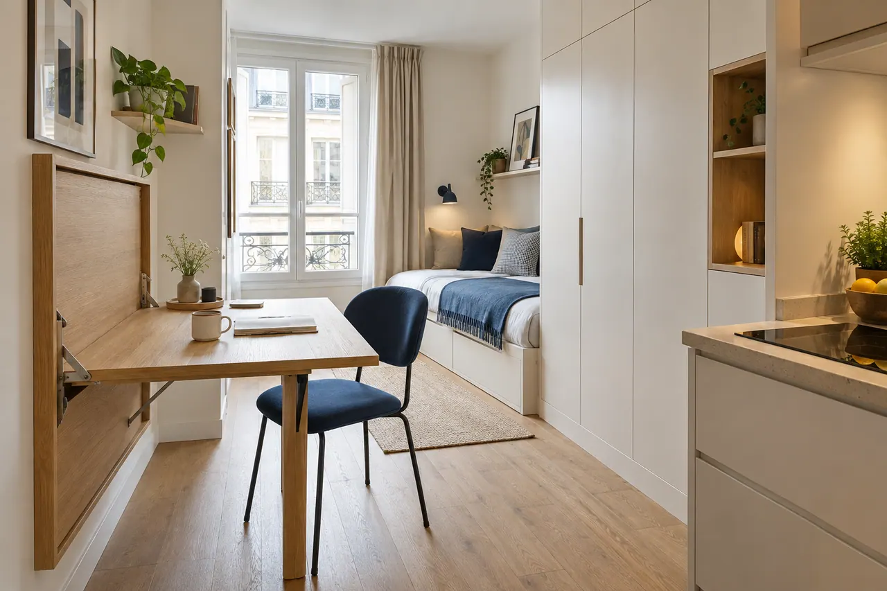 Illustration : studio compact avec table rabattable et rangements intégrés.