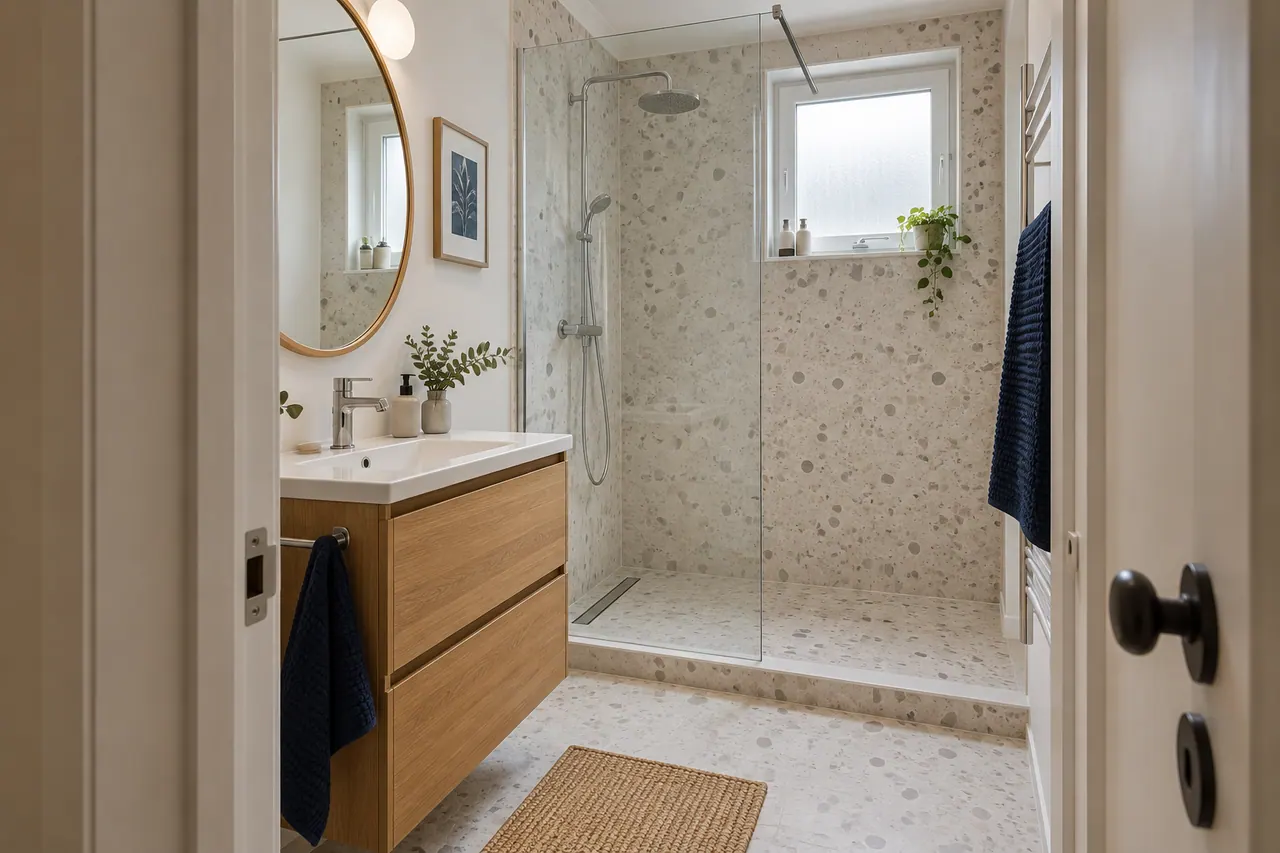 Illustration : salle d’eau compacte avec douche vitrée, terrazzo et meuble en chêne.