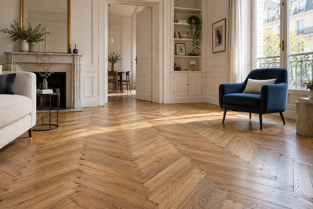 Illustration : salon mettant en valeur un parquet en chêne à bâtons rompus restauré.