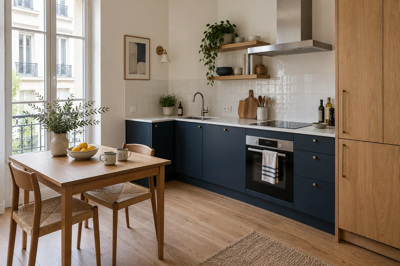 Illustration : cuisine lumineuse avec petite table de repas, chêne naturel et touches bleu marine.
