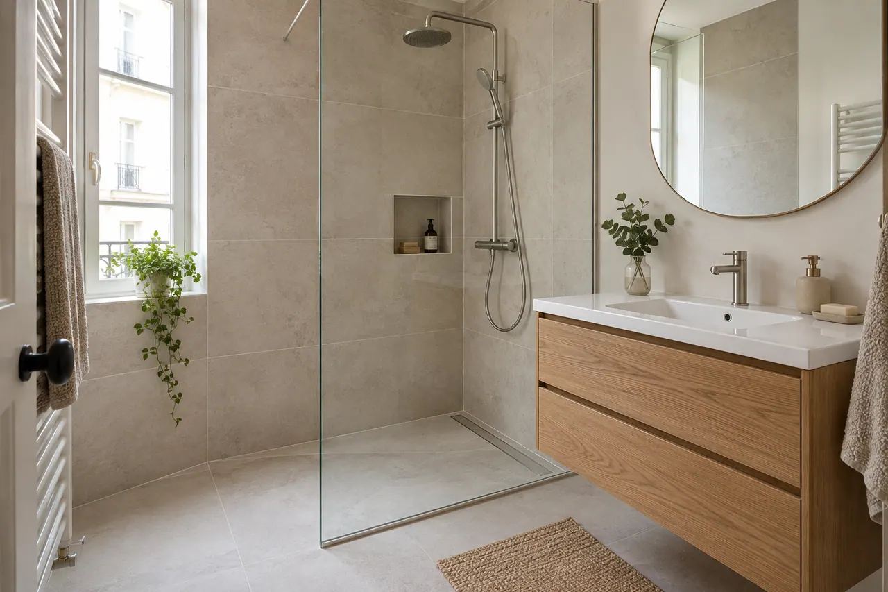 Illustration : salle de bain avec douche à l’italienne, vasque suspendue en chêne et pierre claire.