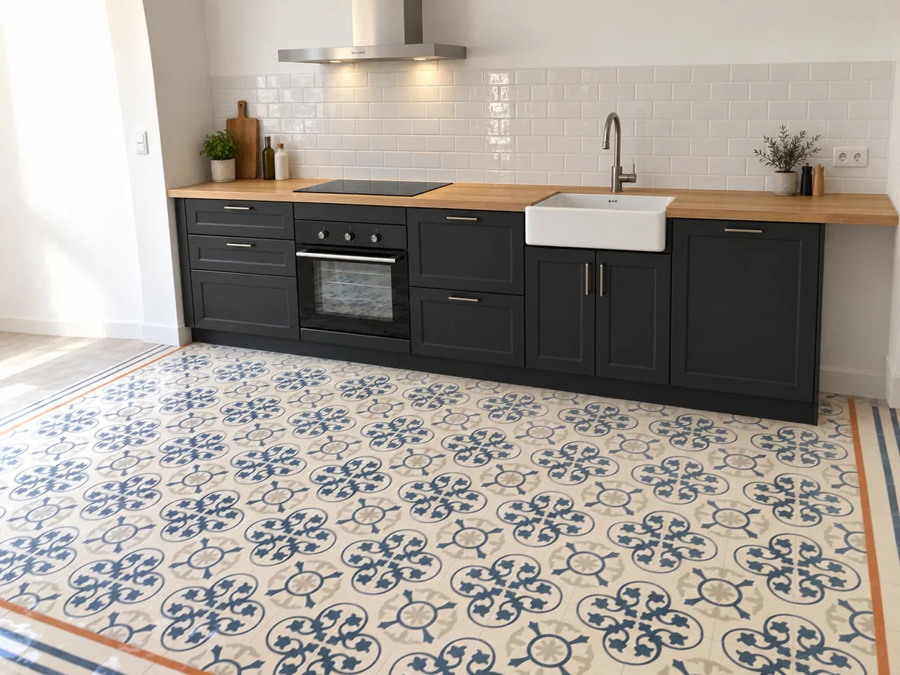 Cuisine anthracite avec évier blanc, plan aspect bois et sol à motifs bleus.